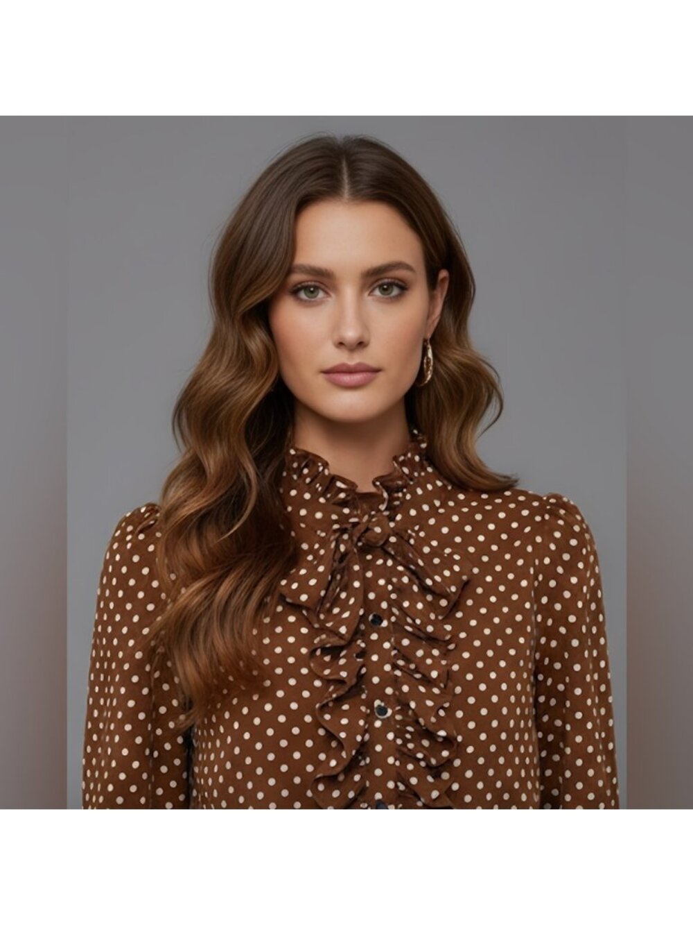 Polka Dot Ruffle Trim Blouse Brown - Picture 2 of 9